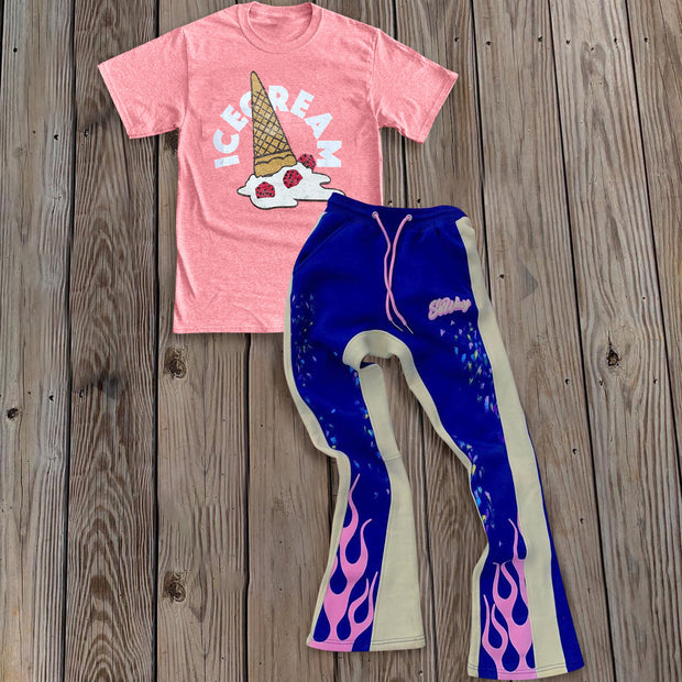 Casual preppy style loose short-sleeved flame trousers two-piece set