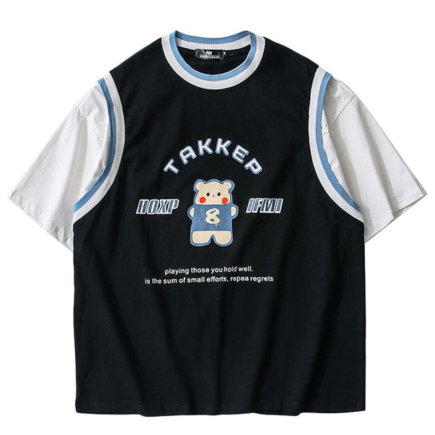 Fun cartoon printing tide brand loose fake two-piece short-sleeved T-shirt