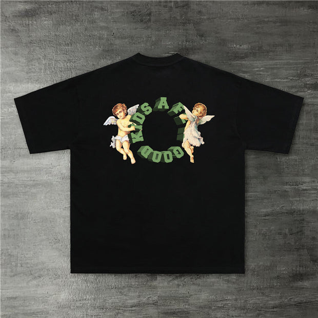 Vintage Angel Print Crew Neck Short Sleeve T-Shirt