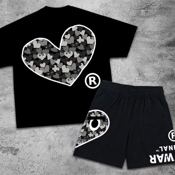 Heart Camo Graphic Print Short Sleeve Two Piece