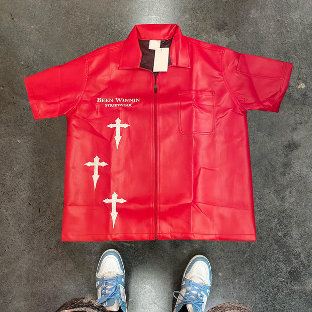 Personalized street style pu leather zipper lapel shirt