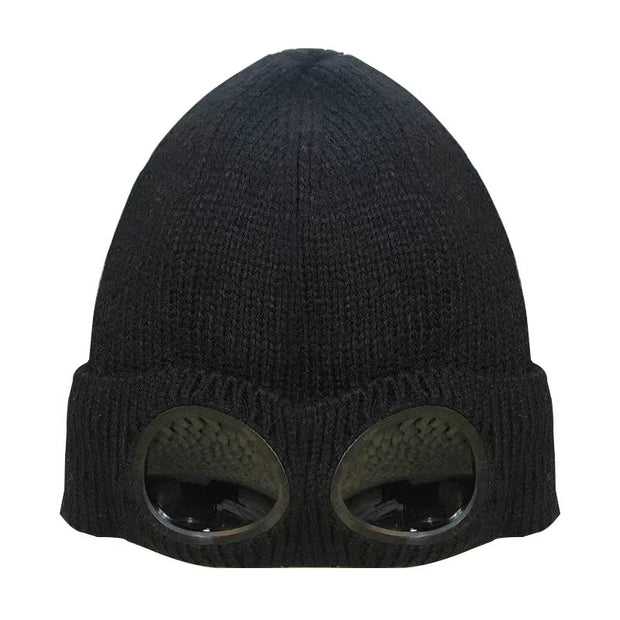 Windproof Plush Knit Hat With Sunglasses