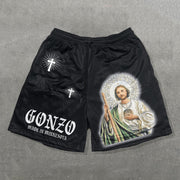 San Judas Print Mesh Drawstring Shorts