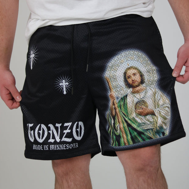 San Judas Print Mesh Drawstring Shorts