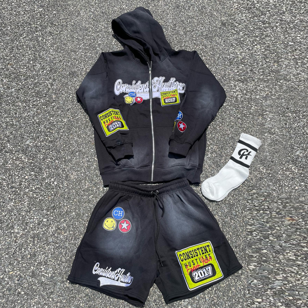 Street Style Smiley Shoulder Zipper Sweatshirt Set