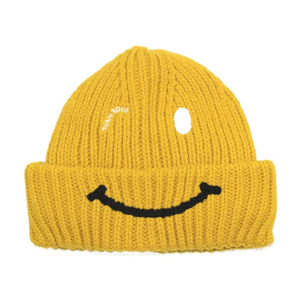 Smiley face knitted hat plus velvet thickened earmuffs woolen cap embroidery cold hat women