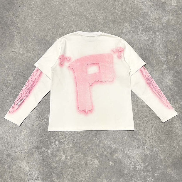 Fashion round neck fake two piece printed sweatshirt
