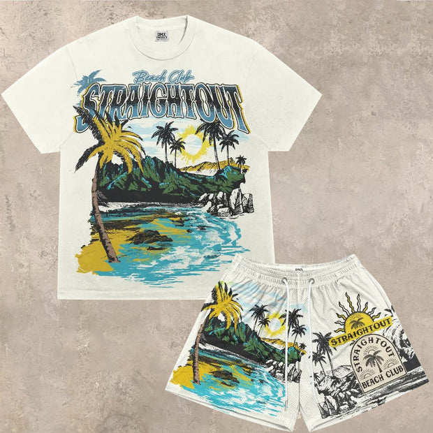Fashion holiday style printed round neck T-shirt short-sleeved suit