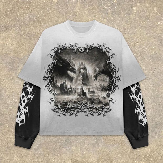 Saved Kingdom Fake Two Print Long Sleeve T-Shirt