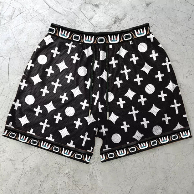 vintage cross print mesh street shorts