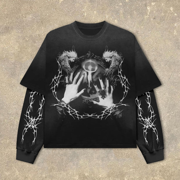 Fake Two Angel Hands Print Long Sleeve T-Shirt