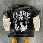 Fake Two Jesus Flare Print Long Sleeve T-Shirt