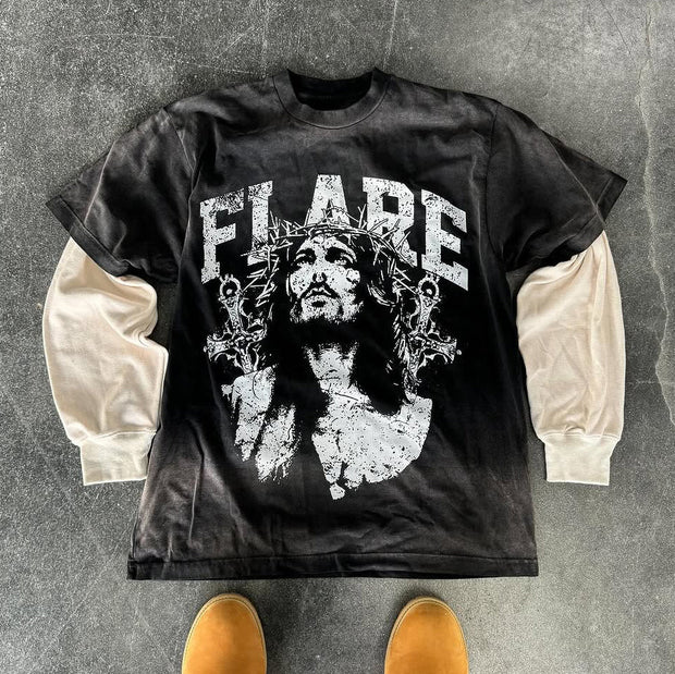 Fake Two Jesus Flare Print Long Sleeve T-Shirt