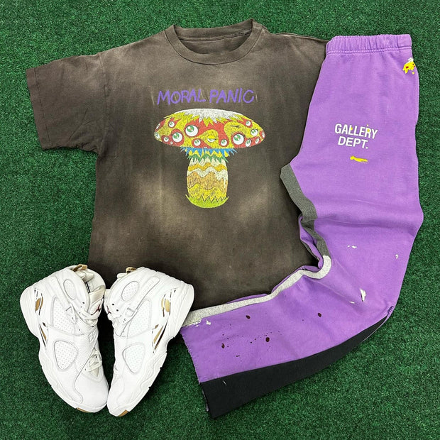 Mushroom Letters Print T-shirt Sweatpants Two Piece Set