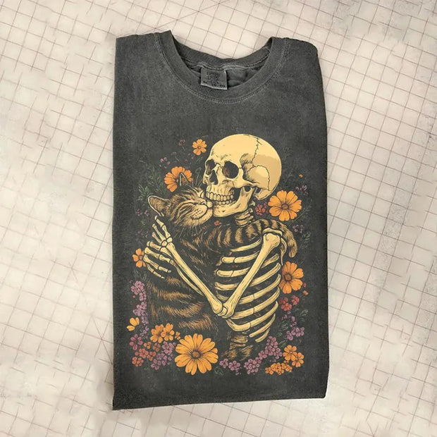 Skeleton Hugging Cat Floral T-shirt