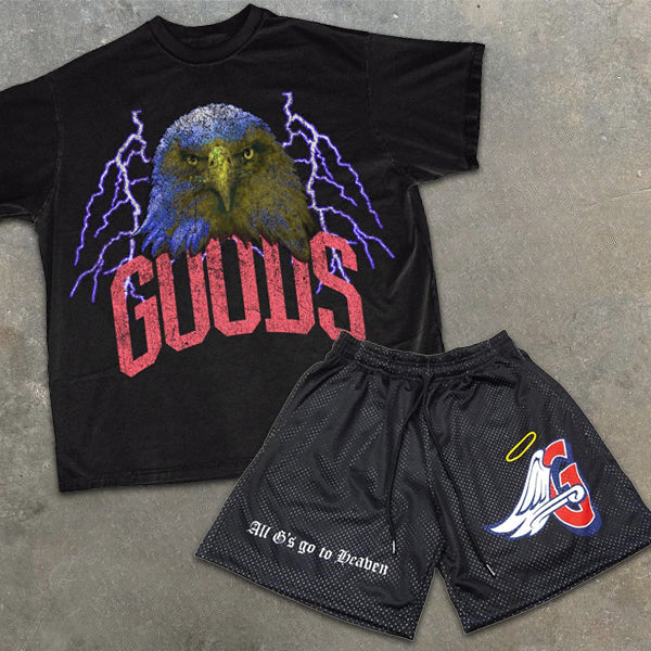 Eagle Lightning Graphic Print Short Sleeve Two Piece
