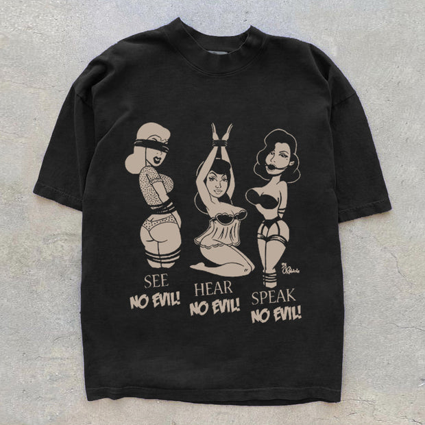 Fashion Print Loose Crew Neck Solid Color T-Shirt