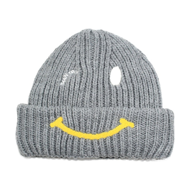 Smiley face knitted hat plus velvet thickened earmuffs woolen cap embroidery cold hat women