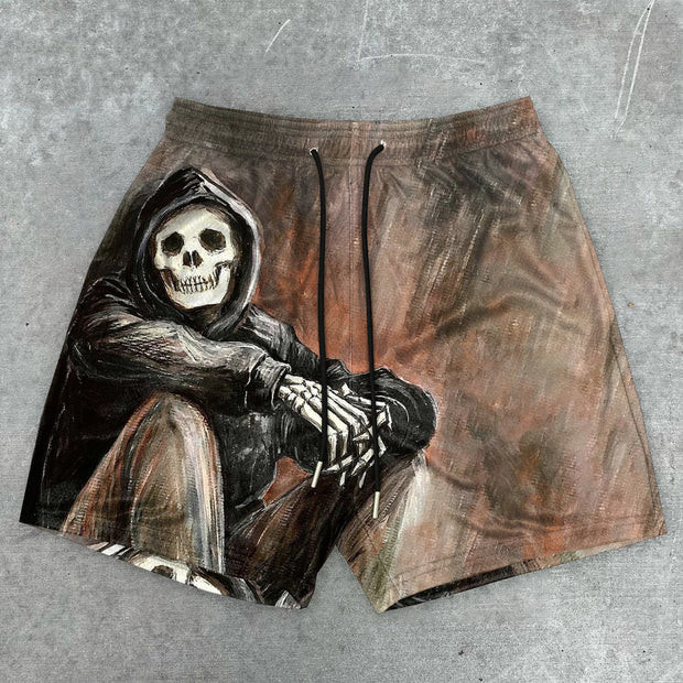 Sleek Vintage Print Skull Shorts