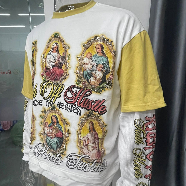 Virgin Mary Fake Two-piece Casual Street Long Sleeve T-shirt