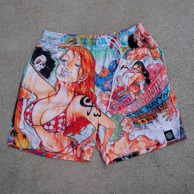 Anime print casual street mesh shorts