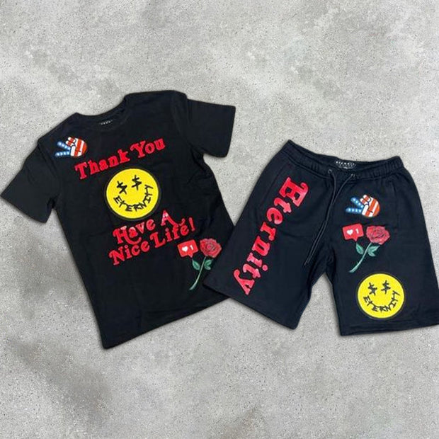 Smiley Graphic Print Short Sleeve Two Piece