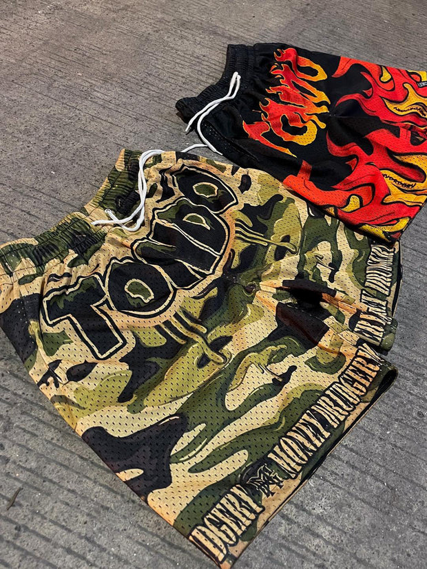 Fashion personality street style print flame camouflage shorts