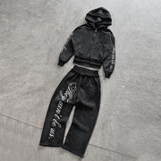 Retro appliqué irregular waistband sweatpants set