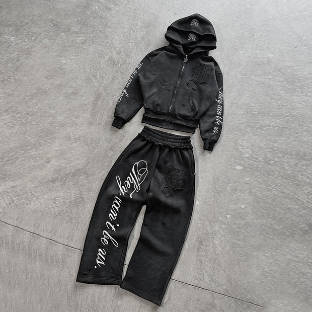 Retro appliqué irregular waistband sweatpants set