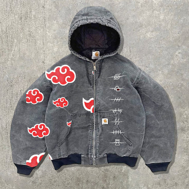 Retro washed auspicious cloud pattern zipper thickened jacket