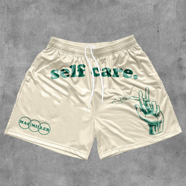 Self Care Print Mesh Drawstring Shorts