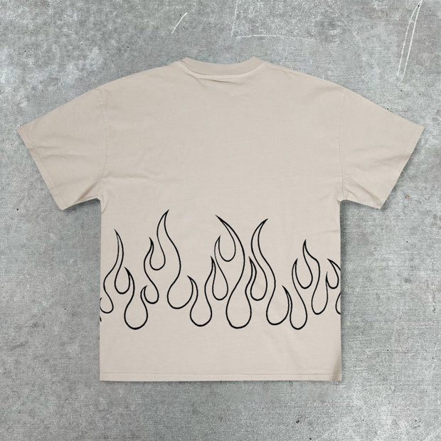 Retro fashion brand flame print street T-shirt