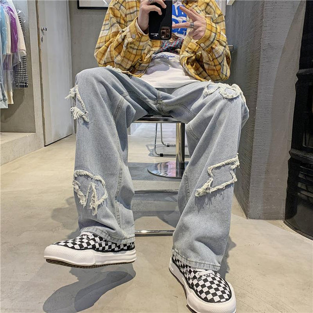 Hip-hop jeans men's love all-match loose straight mopping the floor old high street long pants