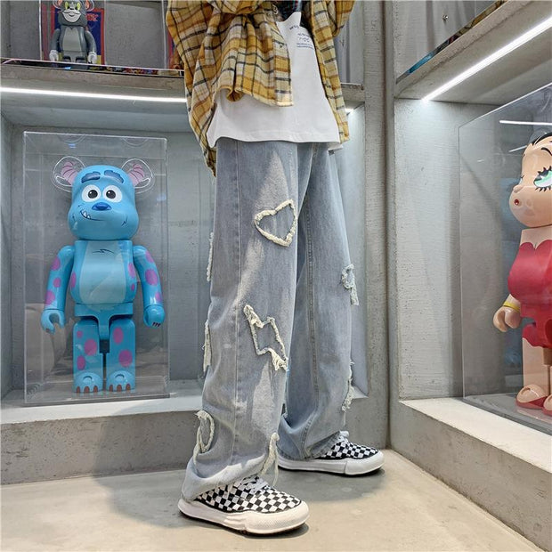 Hip-hop jeans men's love all-match loose straight mopping the floor old high street long pants