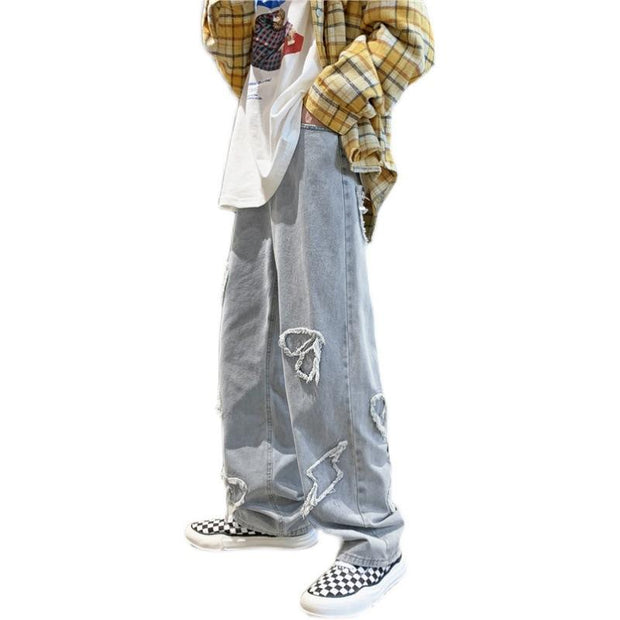 Hip-hop jeans men's love all-match loose straight mopping the floor old high street long pants
