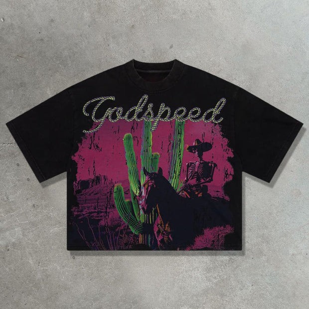 Western cowboy casual street retro print T-shirt