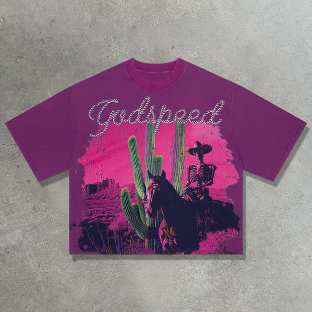 Western cowboy casual street retro print T-shirt