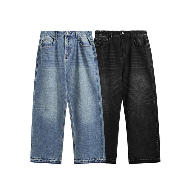 Straight-leg raw-edge washed wide-leg jeans