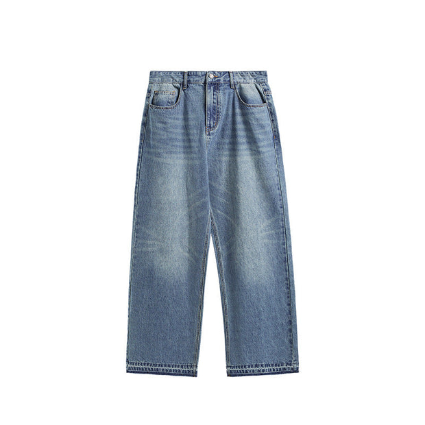 Straight-leg raw-edge washed wide-leg jeans