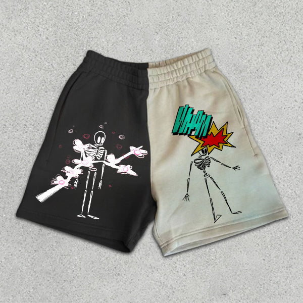 Skull Graphic Print Colorblock Elastic Shorts