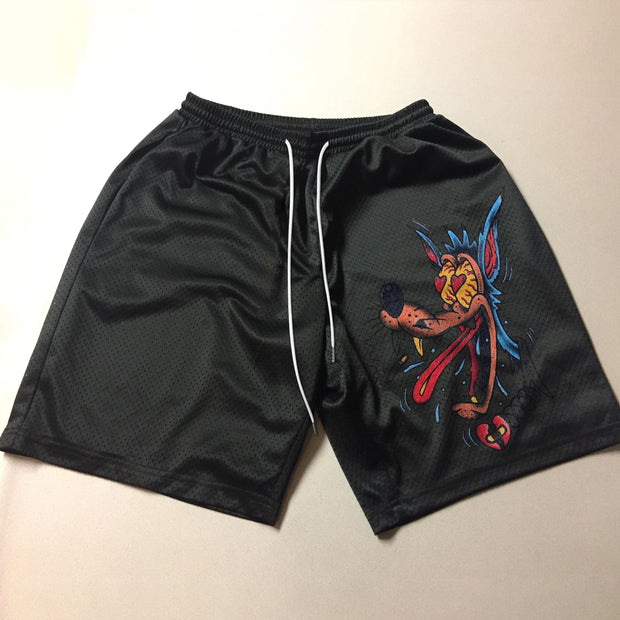Cartoon Vintage Print Casual Mesh Shorts