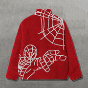 Spider Web Print Long Sleeve Zipper Pocket Plush Coat