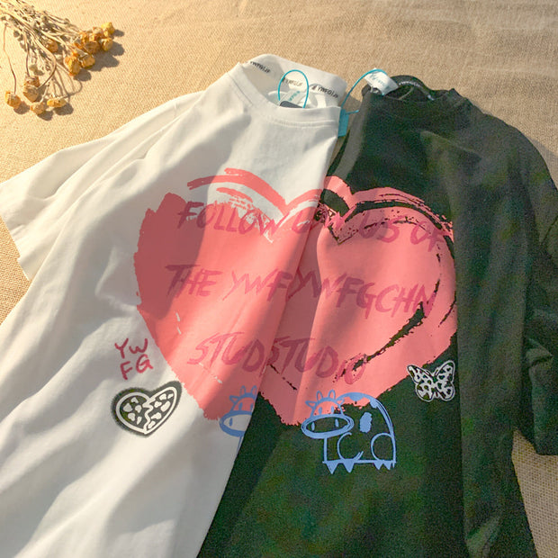 Trendy love element graffiti print short-sleeved T-shirt
