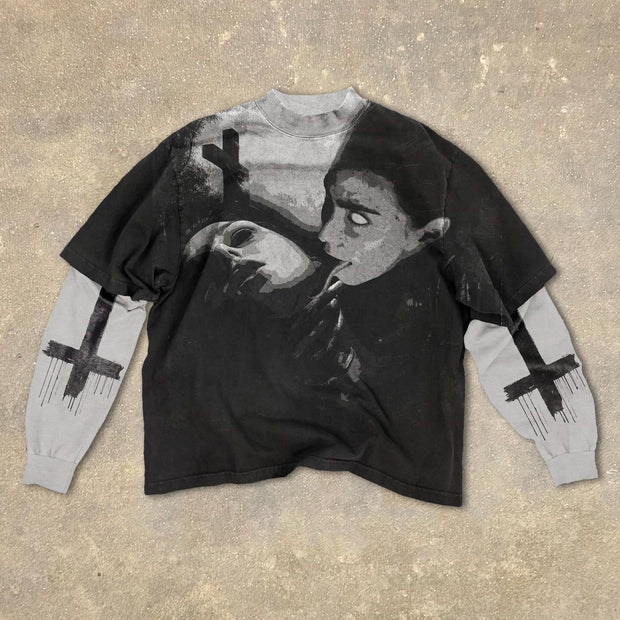 Dark Style Fake Two Cross Print Long Sleeve T-Shirt