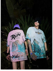 Guofeng landscape printing short-sleeved T-shirt loose trend couple outfit