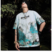 Guofeng landscape printing short-sleeved T-shirt loose trend couple outfit