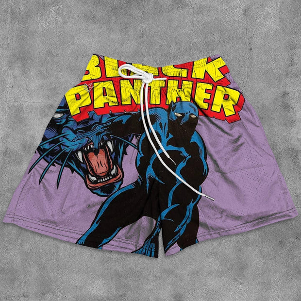 Basic Personality Anime Print Mesh Pocket Shorts