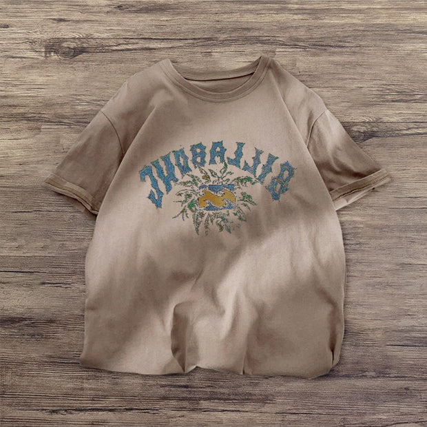 Fashion retro print round neck short sleeve T-shirt