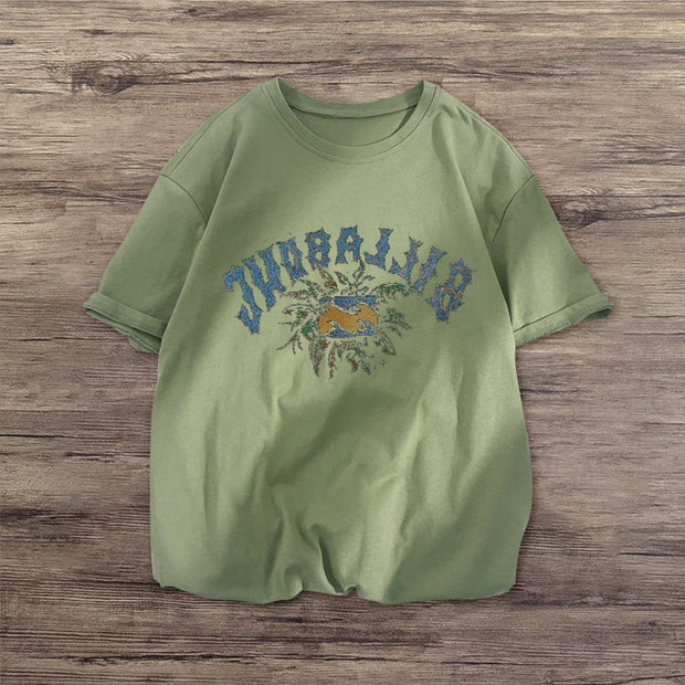 Fashion retro print round neck short sleeve T-shirt