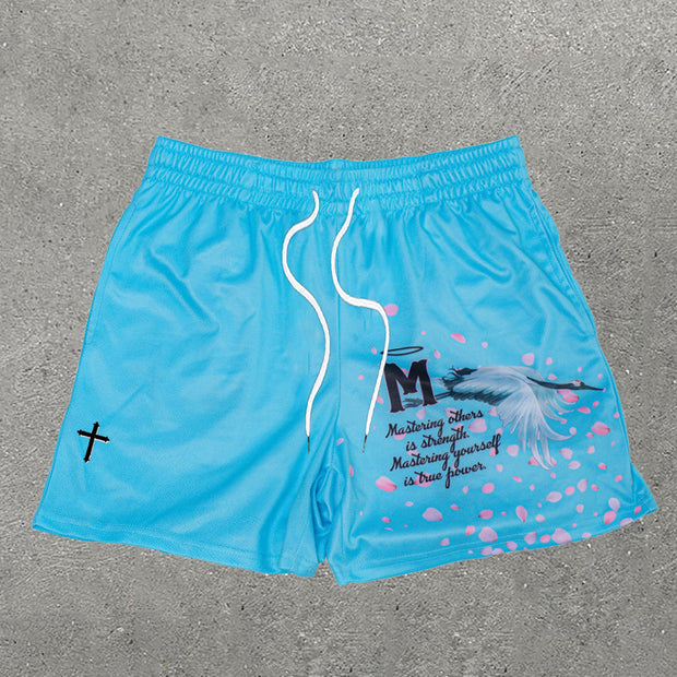Casual Alphabet Cross Print Mesh Shorts